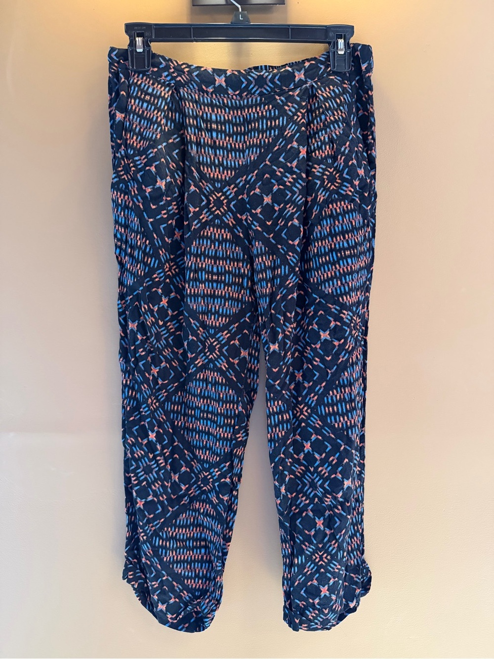 Free People Navy Geometric Ankle Pants with Coral and Light Blue Accents